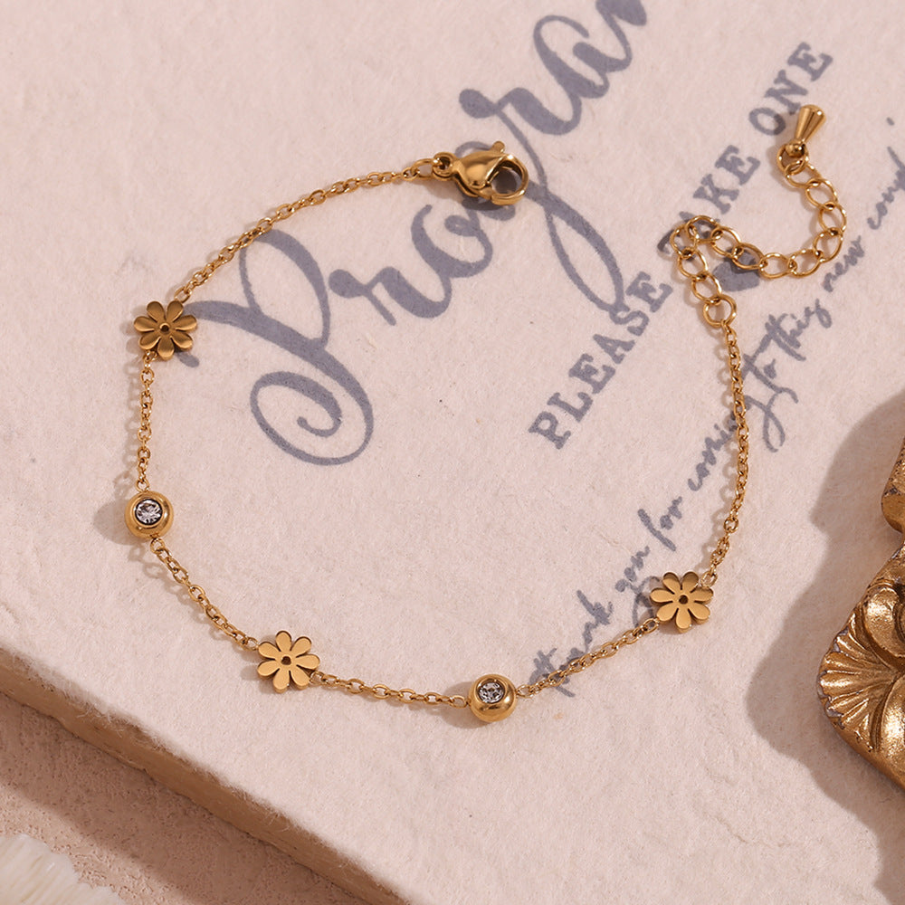 Bracciale a Fiore con Strass Bianchi e Neri a Doppia Faccia, Placcato Oro 18K, in Acciaio Inossidabile, per Donna, Stile Minimalista e di Tendenza