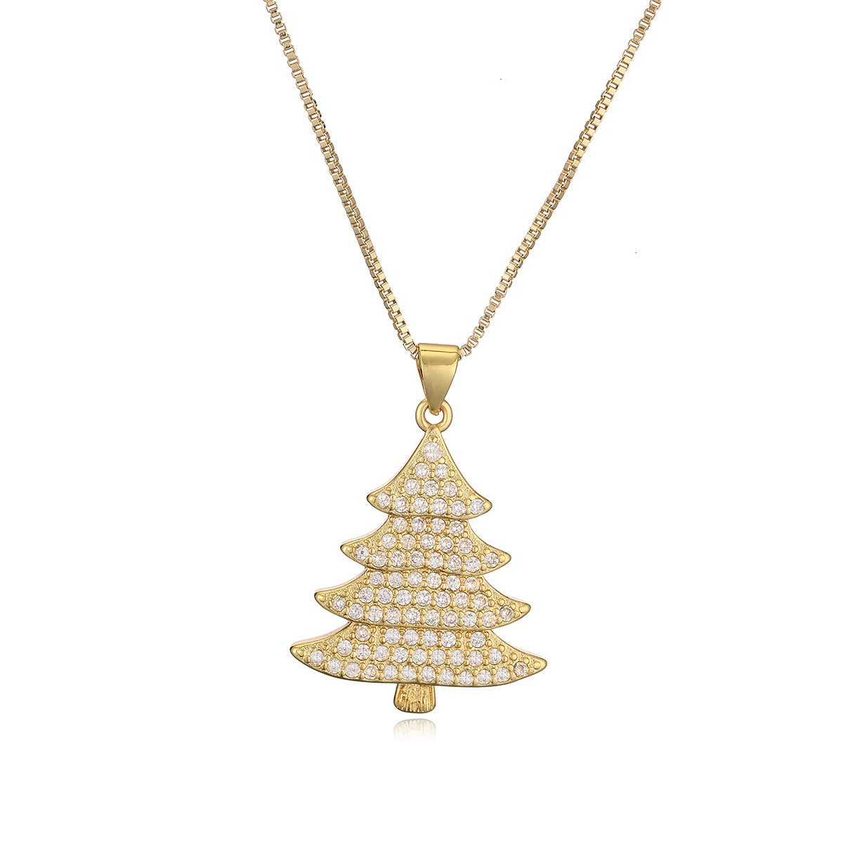 Collana pendente con albero di Natale geometrico minimalista da donna con base in rame e placcatura in oro 18 carati, intarsio di zirconi, delicata catena per clavicola