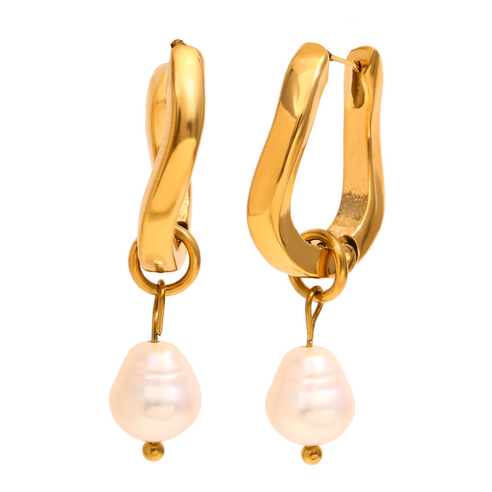 Minimalist Geometric Stainless Steel Ear Hooks with 18K Gold Plating and Irregular U-Shaped Pearl Accents for Women