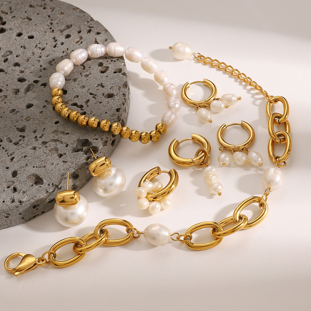 Pendientes geométricos de acero inoxidable chapados con detalles de perlas para mujer, joyería minimalista y a la moda