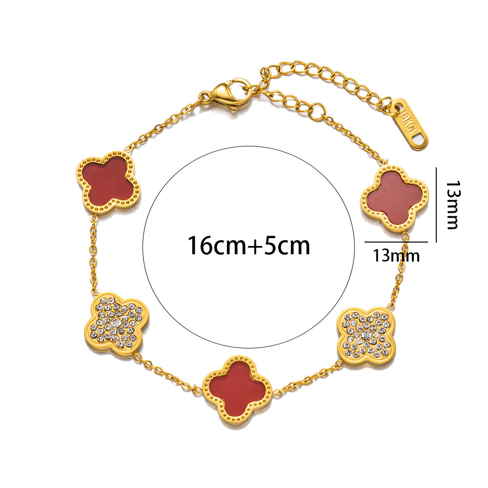 Fashion 18K Rose Gold Plated Titanium Steel Four-Leaf Clover Rhinestone Bracelet for Women