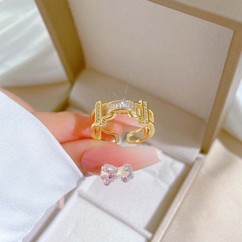 Anello regolabile a forma di corona in ottone placcato stile Kawaii da donna con zirconi cubici