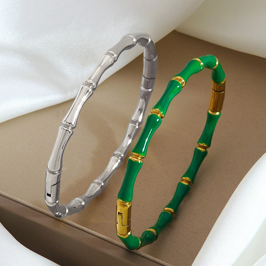 Luxury Geometric Bamboo Joint Stainless Steel Drip Oil 18K Gold Plated Bracelet