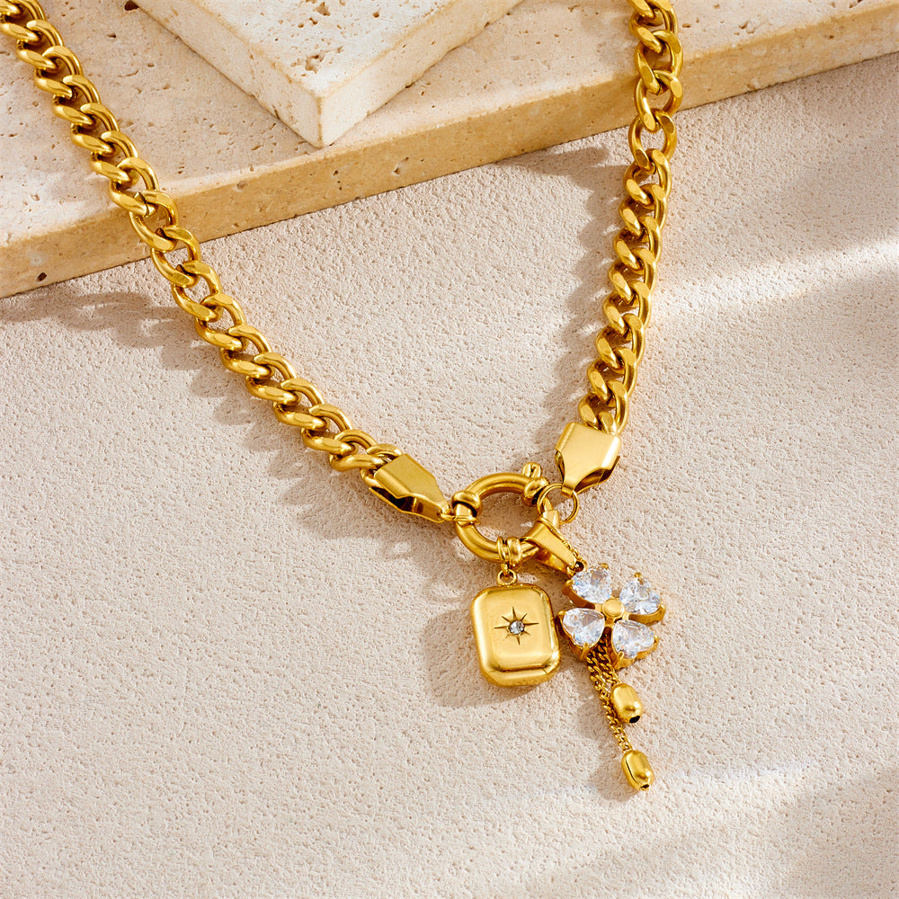 Fashionable Floral Star Square Pendant Necklace Set with Tassel Chain Stainless Steel Plated Women's Jewelry