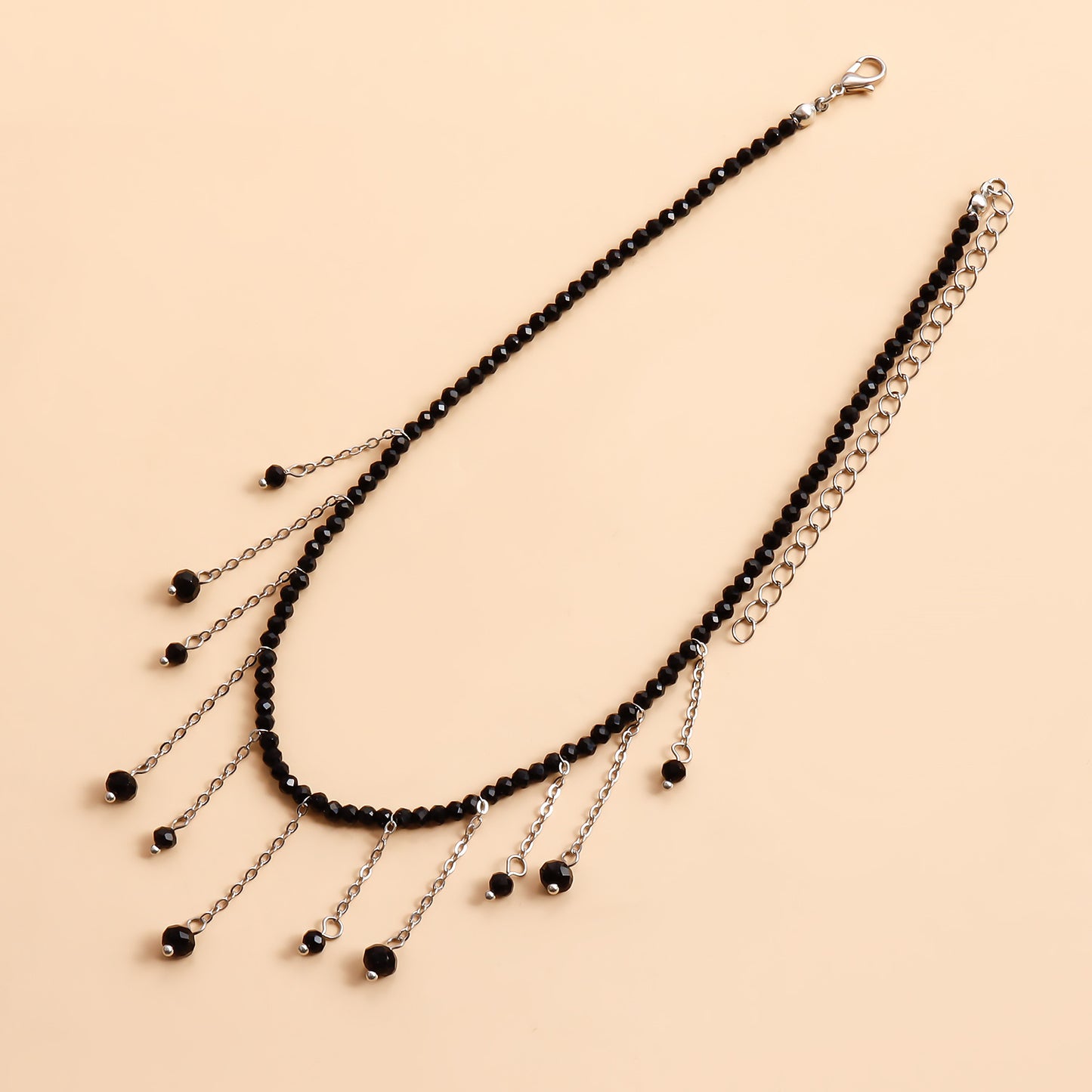 Vintage Black Beaded Tassel Crystal Pendant Choker Necklace for Women with Geometric Design and Electroplated Alloy Accents