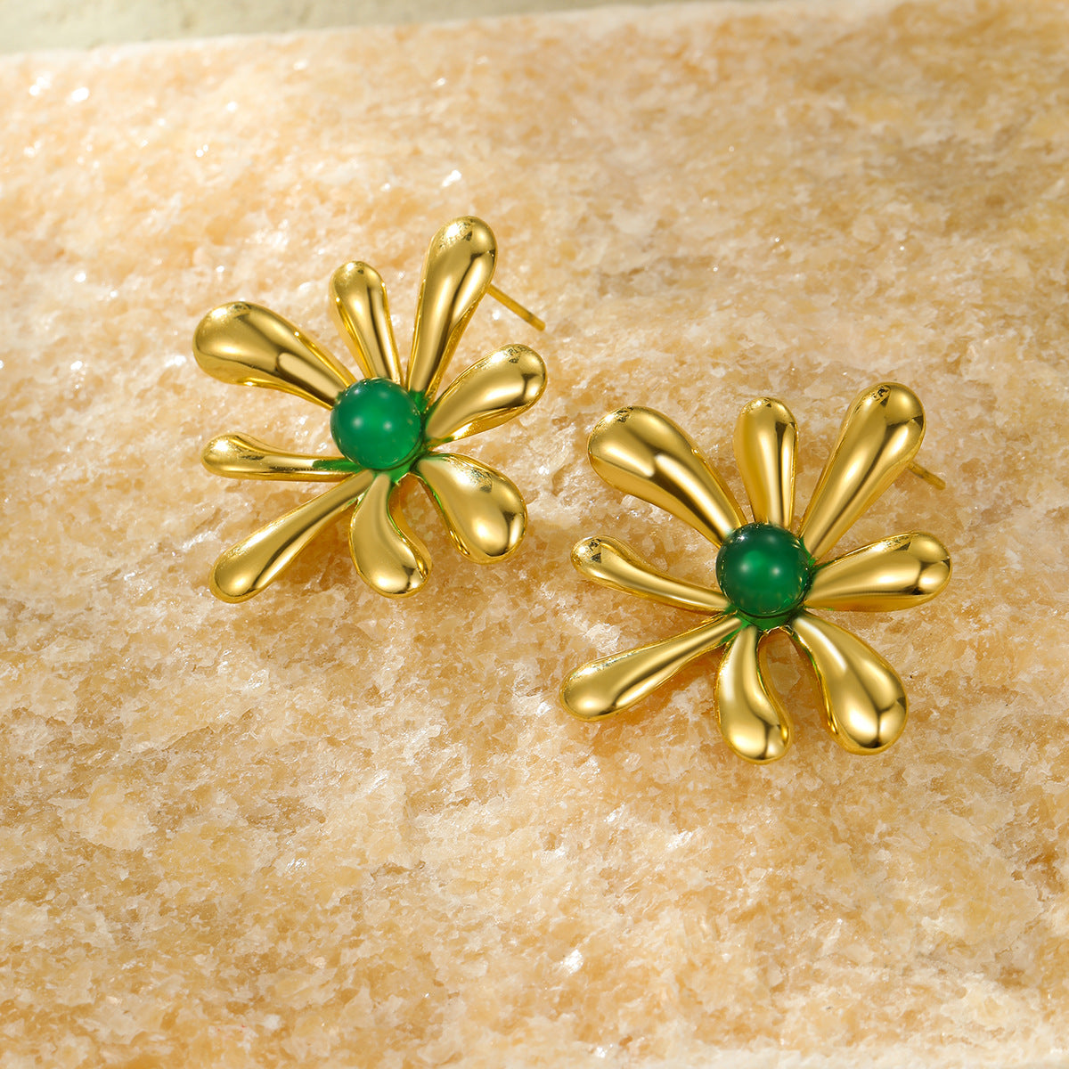Pendientes Vintage de Acero Inoxidable con Forma de Girasol, Chapado en Oro de 18K e Incrustaciones de Piedras Naturales para Mujer