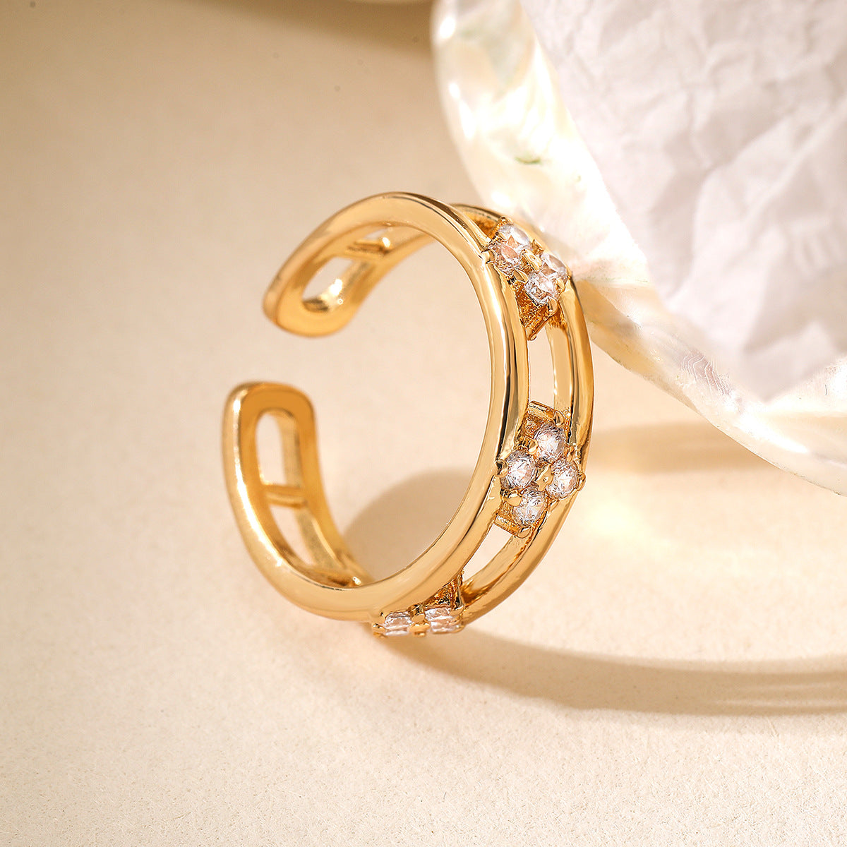 Minimalist Geometric Hollow-Out Ring for Women Made of Brass with 18K Gold Plating and Zircon Inlay