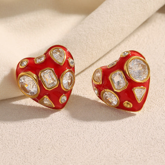 Orecchini Minimalisti a Cuore in Acciaio Inossidabile con Placcatura in Oro 18K e Accenti di Smalto Rosso con Zirconia Bianca