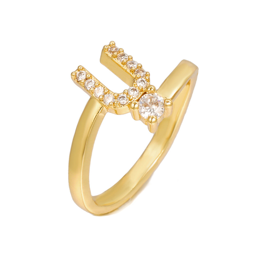 Adjustable Letter Ring Brass Plated with Cubic Zirconia for Women and Men