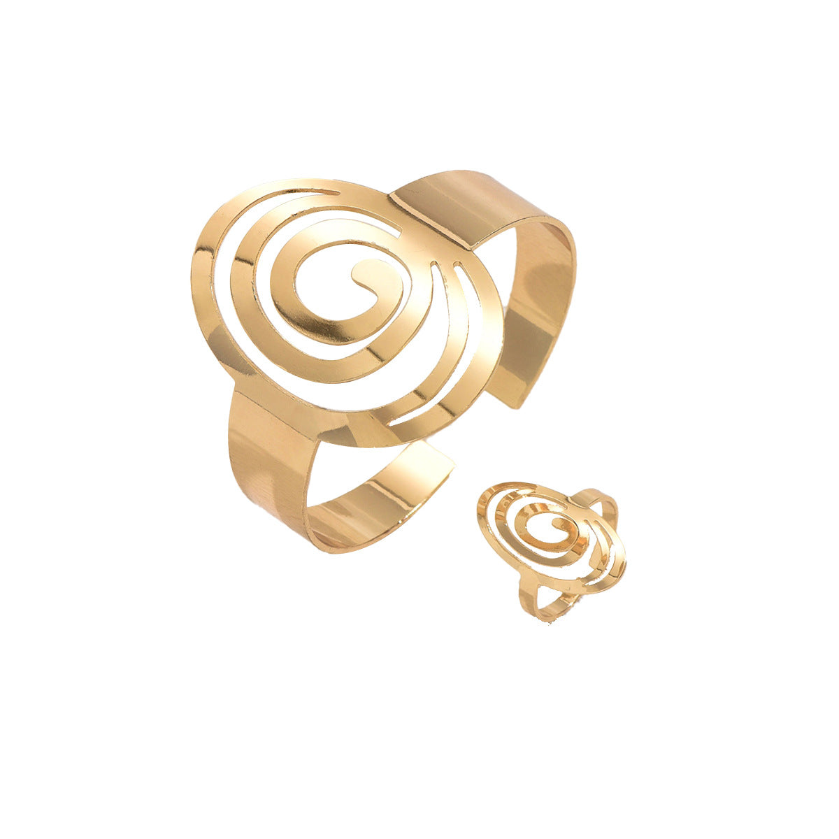 Conjunto de pulsera y anillo de aleación de zinc minimalista geométrico para mujer con diseño calado y banda abierta ajustable