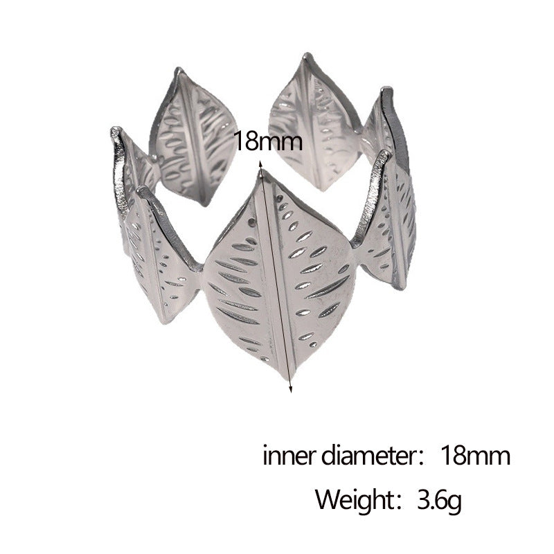 Minimalist Leaf-Shaped Stainless Steel Adjustable Open Ring for Women with Gold Plating