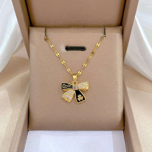 Cartoon Style Bowknot Floral Pendant Necklace in Titanium Steel with Rhinestone Inlay for Women
