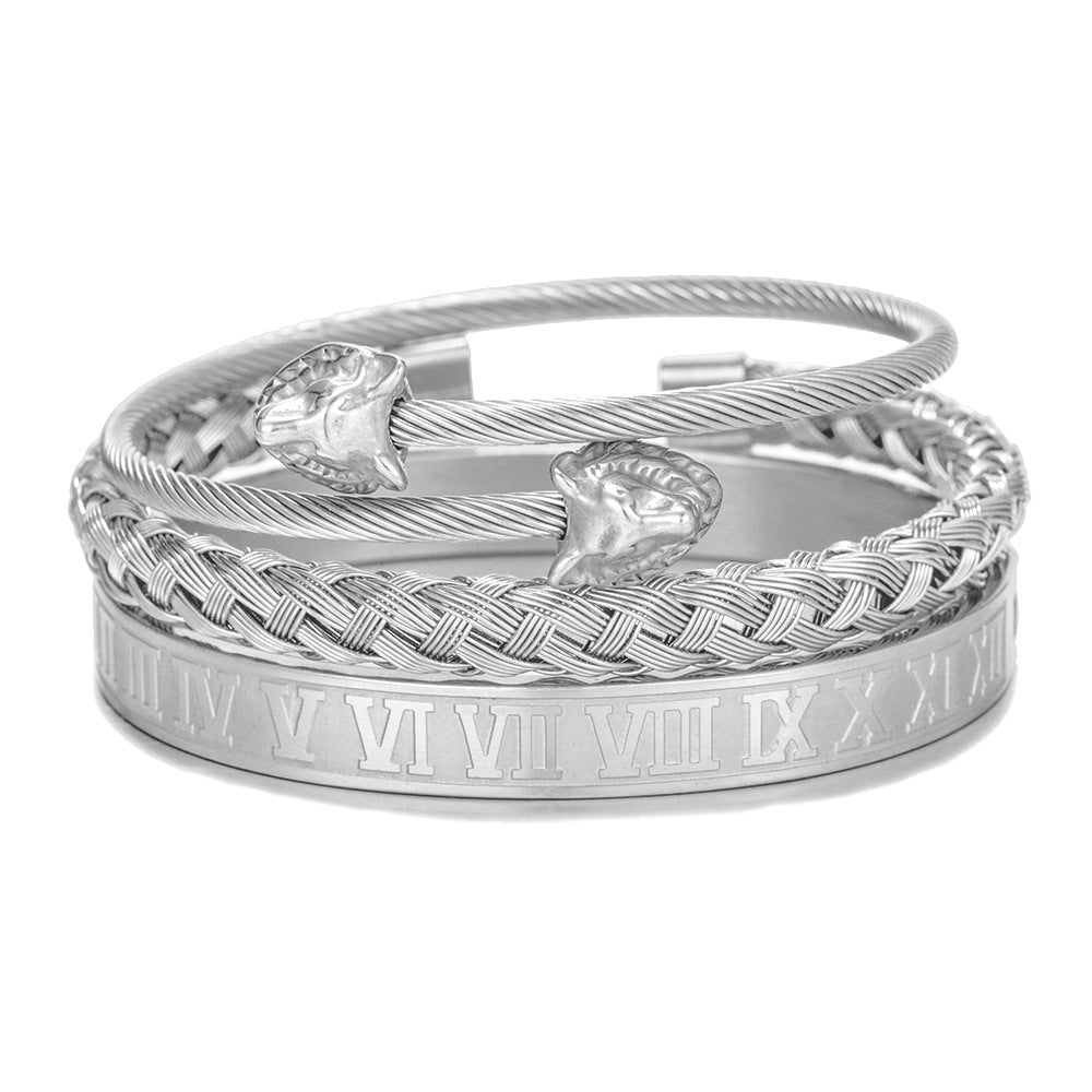 Punk Geometric Round Letter Titanium Steel Plated Open Cuff Bracelet Set for Unisex