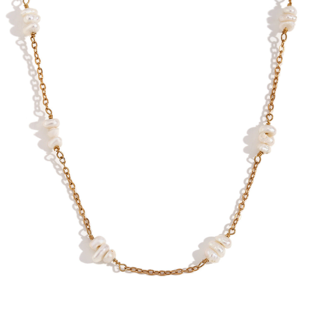 Fashionable Geometric Stainless Steel Necklace with 18K Gold Plating, Freshwater Pearl Beads, and Titanium Steel Pendant for Women
