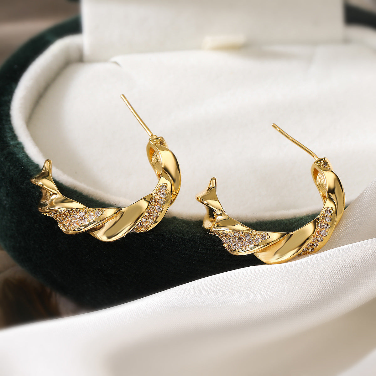 Minimalist Geometric C-Shaped Earrings for Women in Brass with Real Gold Plating and Micro-Paved Zirconia