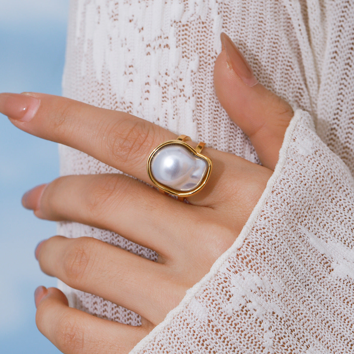Elegant Pearl Inlay Stainless Steel Titanium Steel Earring Ring Set for Women