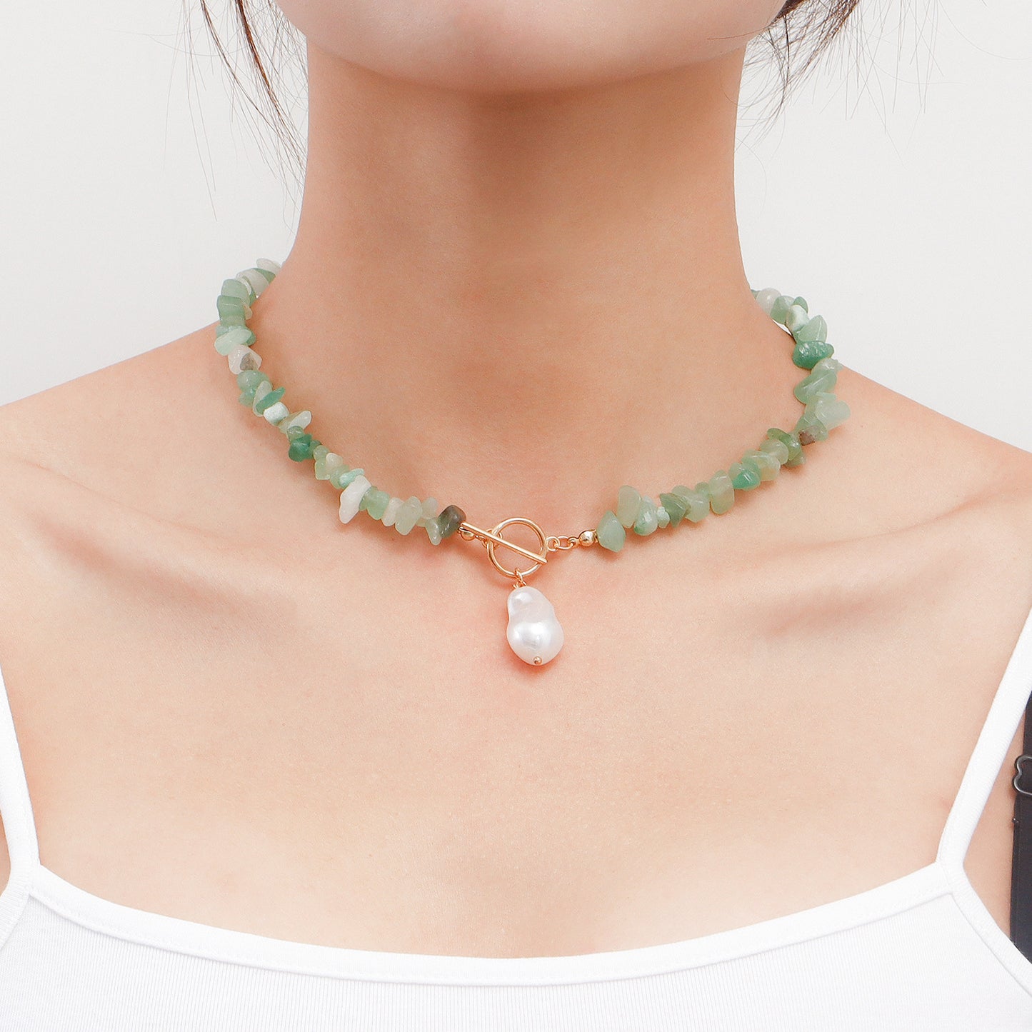 Minimalist Geometric Alloy Necklace with Pearl Accents and Turquoise Green Pendant for Women