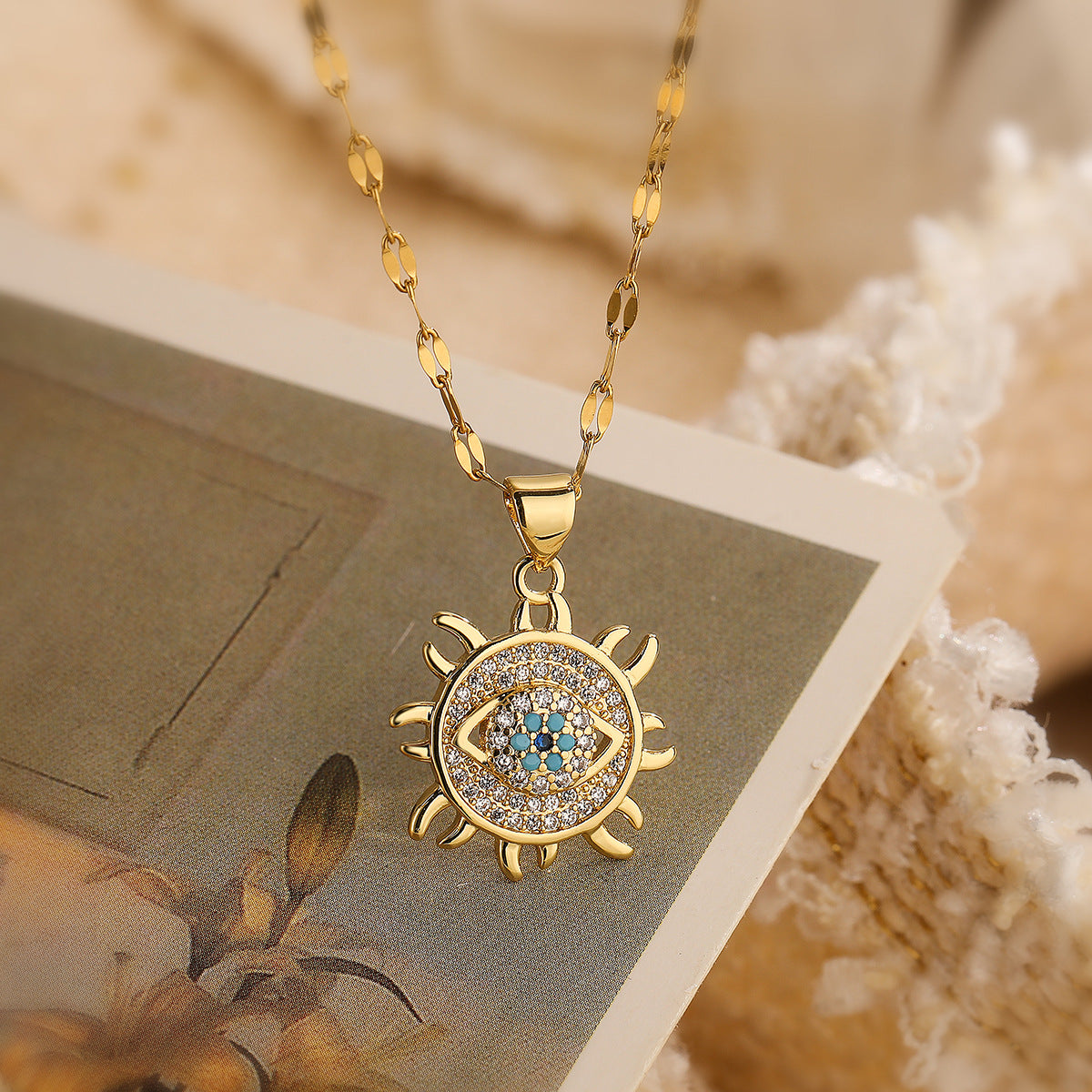 Vintage Geometric Evil Eye 18K Gold Plated Copper Zircon Inlay Jewelry Set for Women