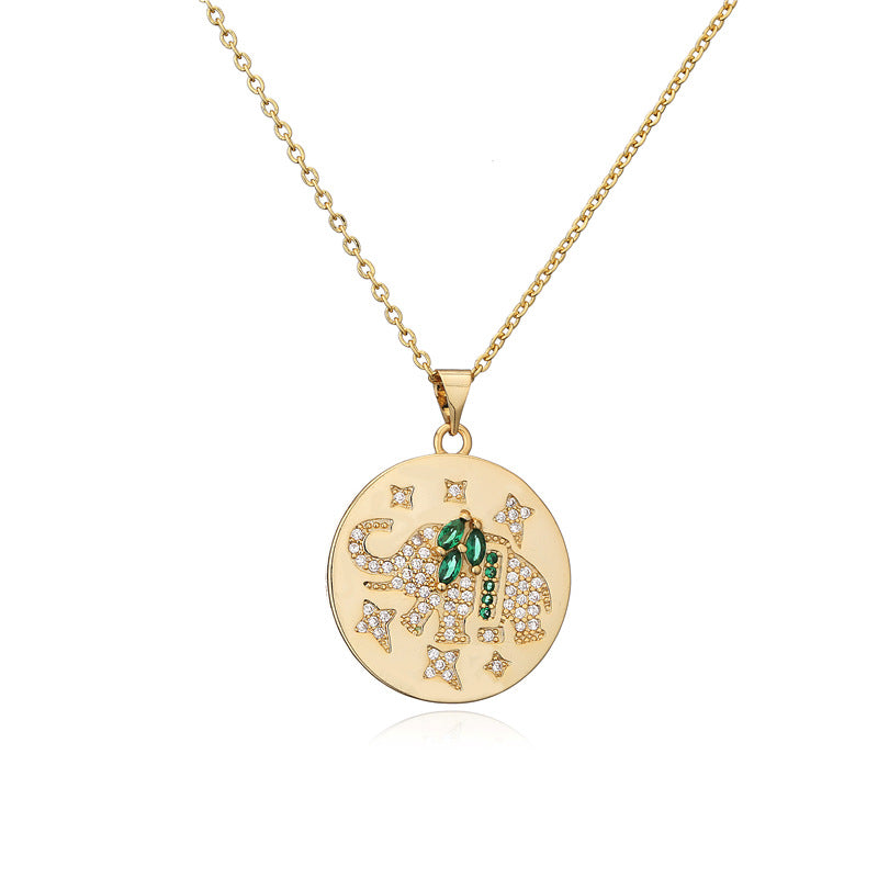 18K Gold Plated Round Animal Micro-Inlaid Cubic Zirconia Brass Pendant Necklace with Cable Chain