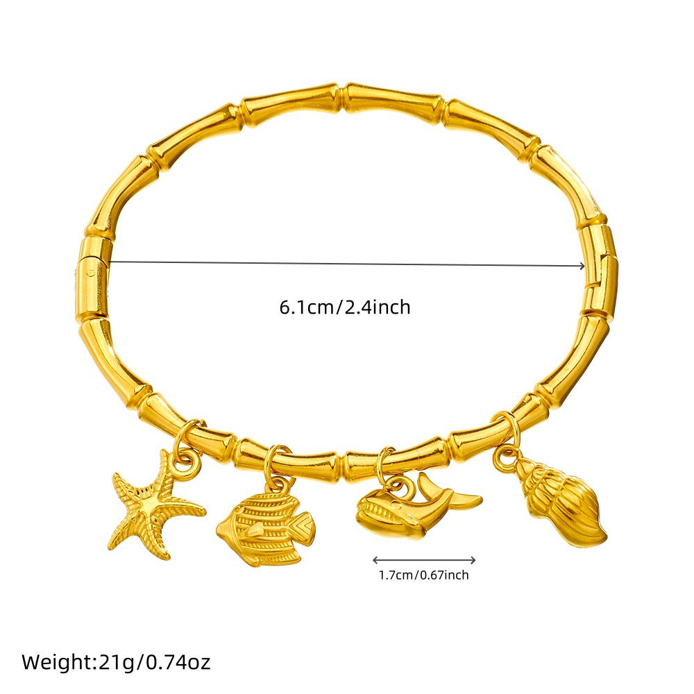 Bracciale Minimalista in Acciaio Inossidabile Placcato Oro a Tema Oceano Tropicale con Motivi di Stella Marina, Conchiglia e Farfalla