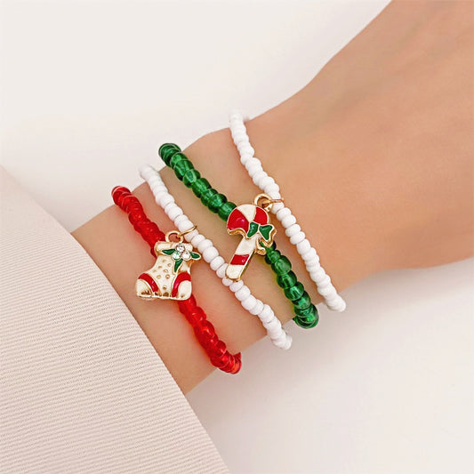 Handmade Christmas Bracelet Set for Women Alloy Beaded Cane and Sock Design Geometric Pattern Holiday Gift