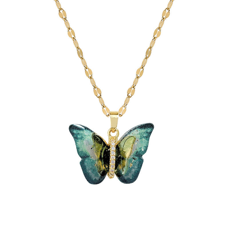 Butterfly-Shaped Titanium Steel Necklace with Rhinestone Inlay for Women, Delicate Clavicle Chain in Minimalist and Sweet Style
