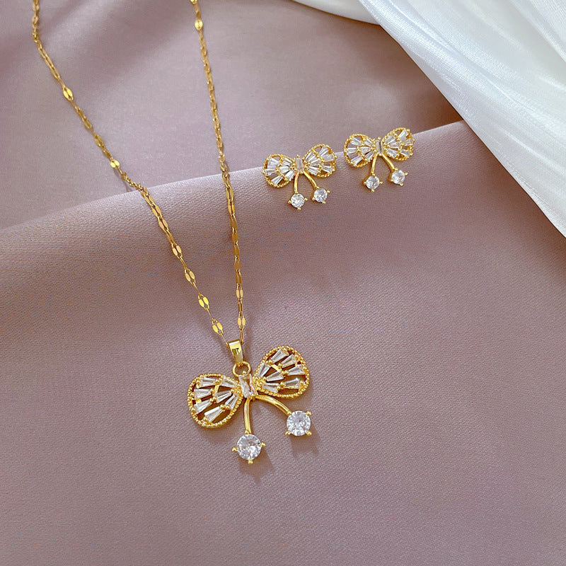 Luxury Titanium Steel Micro-Pave Butterfly Necklace and Earrings Set for Women Elegant Party Jewelry