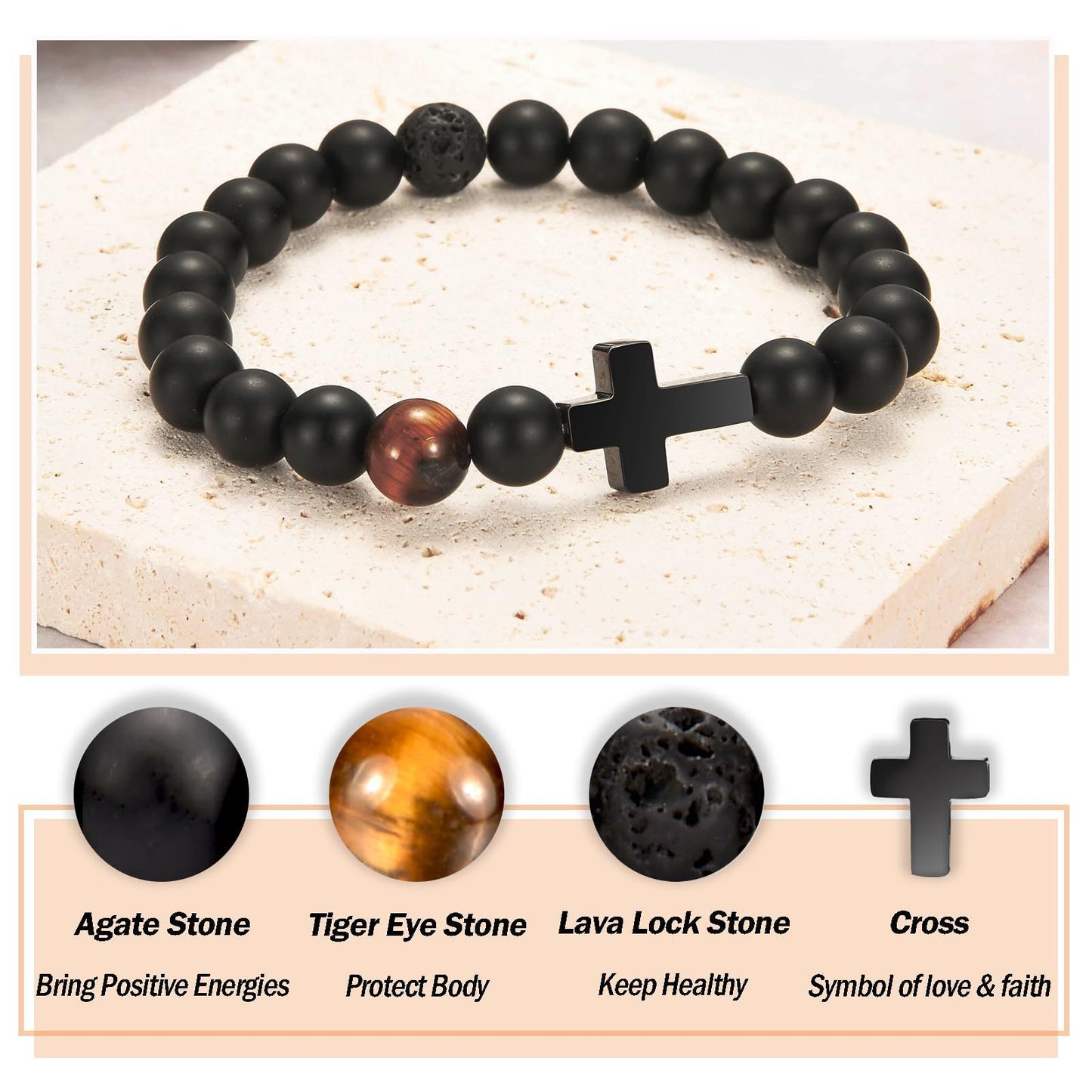 Natural Tiger Eye Stone Cross Bracelet Unisex Geometric Round Beads Handmade Business Style