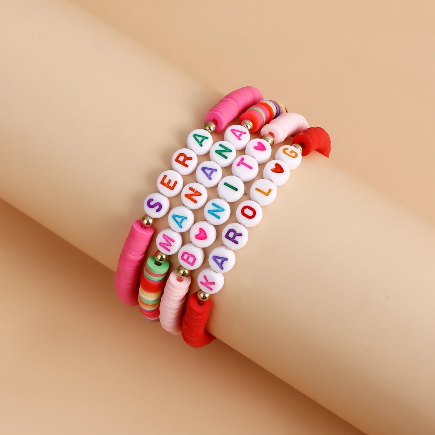 Pulsera de arcilla polimérica con letras, estilo geométrico, con acabado chapado para mujer
