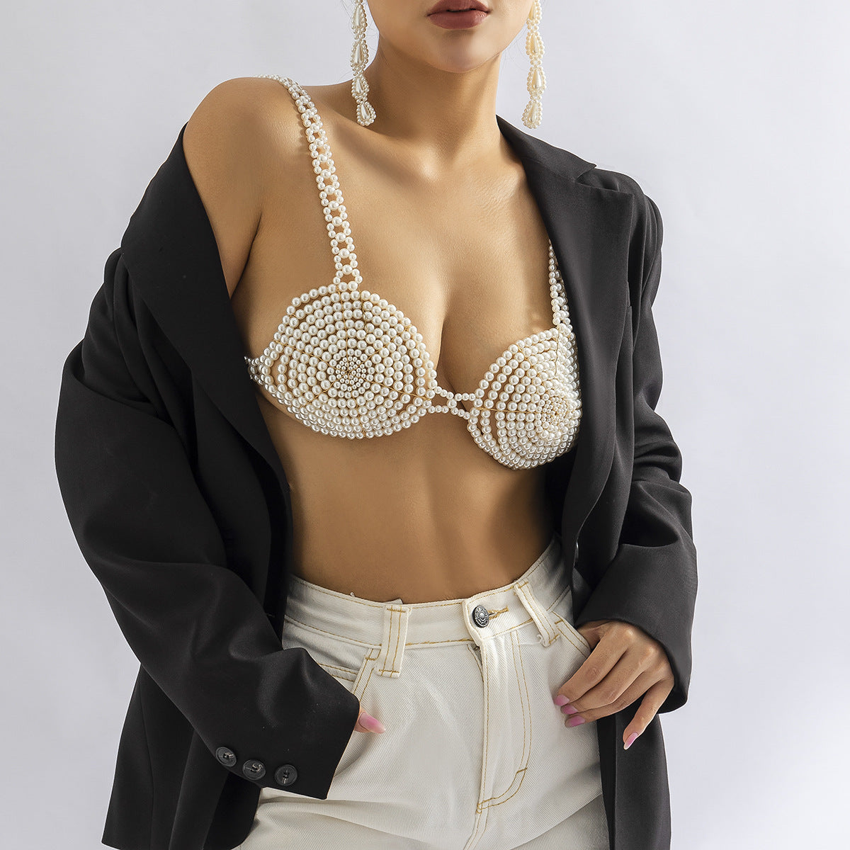 Vintage Geometric Alloy Body Chain with Faux Pearl and Gemstone Inlay for Women