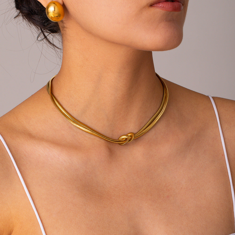 Minimalist Geometric Knot Pendant Necklace in Titanium Steel with Gold Plating on Stainless Steel Snake Chain for Women
