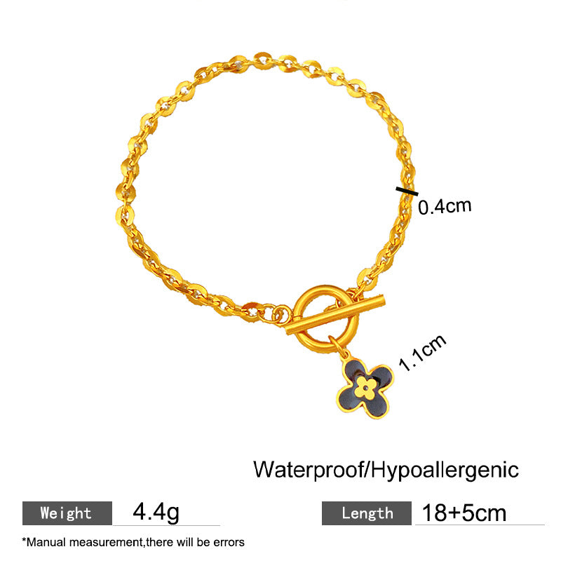 Black Geometric Four-Leaf Clover Plated Titanium Steel Bracelet with OT Clasp