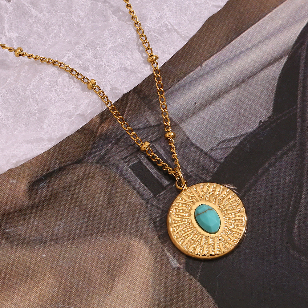 Collar con Colgante Redondo Geométrico Minimalista Turquesa para Mujer de Acero Inoxidable con Baño de Oro de 18K y Textura Martillada