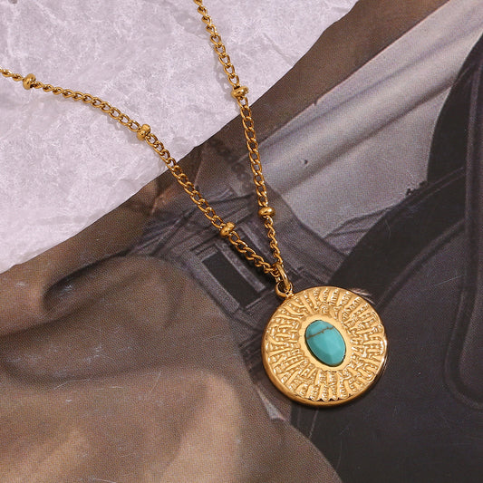 Minimalist Geometric Turquoise Round Pendant Necklace for Women in Stainless Steel with 18K Gold Plating and Hammered Texture