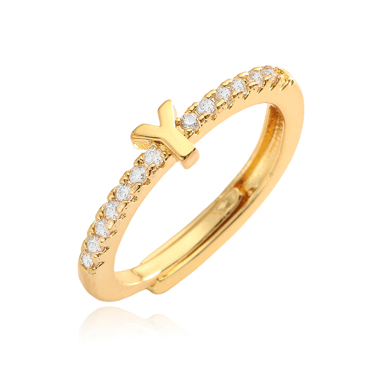 Anello in Rame Geometria Minimalista con Placcatura in Oro 18K e Zirconia Cubica, Design Regolabile a Lettera per Donna
