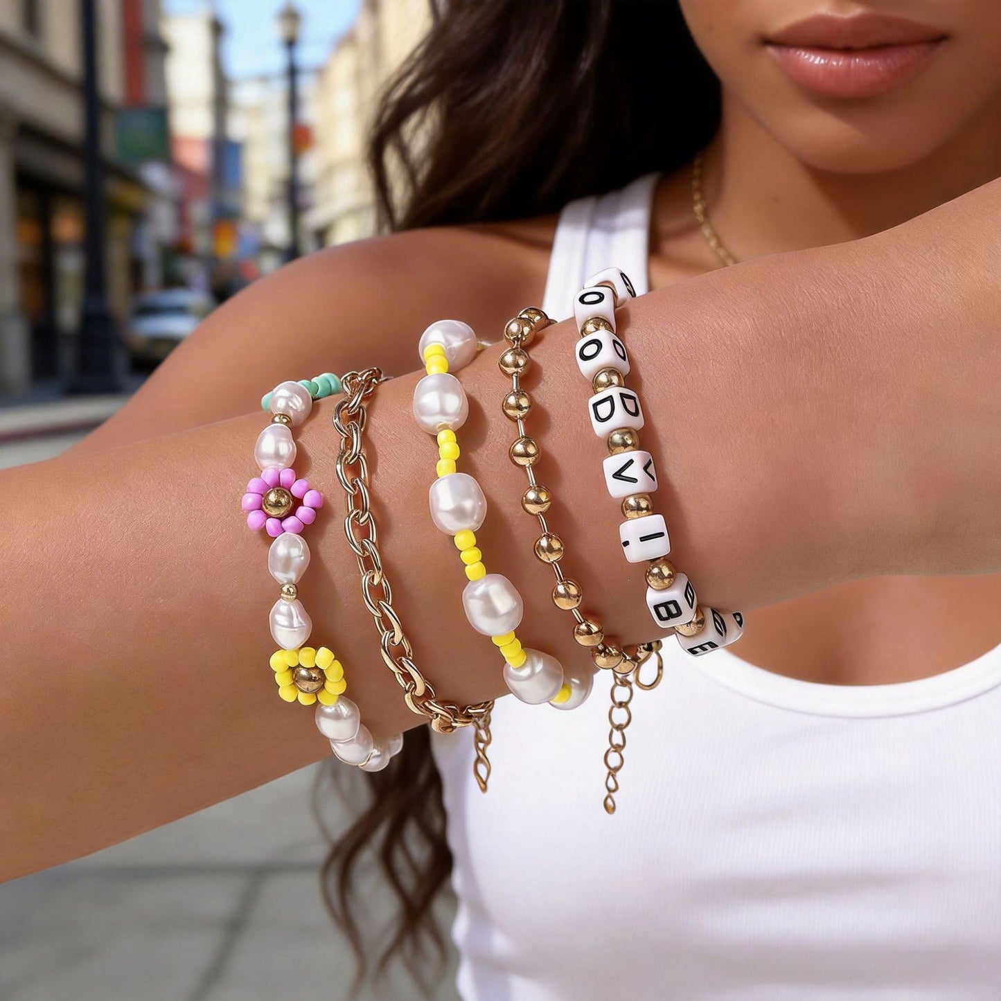 Bohemian Floral Letter Resin Turquoise Imitation Pearl Bracelet Set
