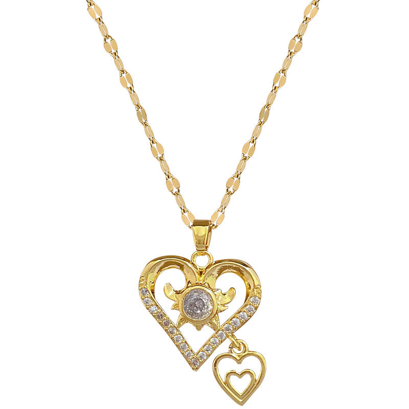 Sweet Elegant Double Layer Heart Geometric Cubic Zirconia Plated Titanium Steel Necklace for Unisex