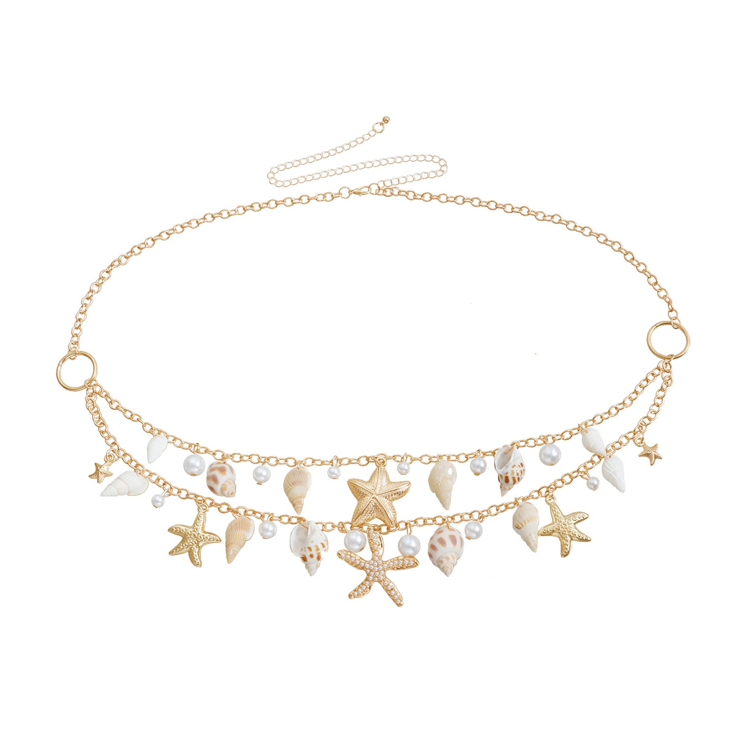 Cadena de cintura de metal con forma de concha y estrella, de inspiración playera bohemia, con acabado esmaltado para mujer