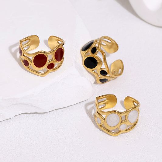 Minimalist Vintage 18K Gold Plated Round Drip Oil Stainless Steel Open Ring for Women