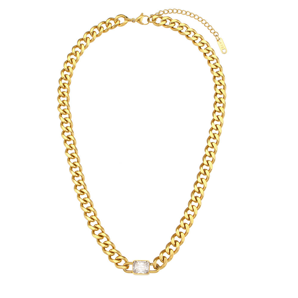Collana da donna con catena cubana placcata in acciaio inossidabile e oro 18 carati, con pendente quadrato in zircone, in stile vintage