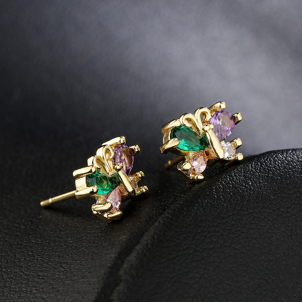 Minimalist Butterfly Geometric Stud Earrings for Women in Copper with 18K Gold Plating and Colored Zircon