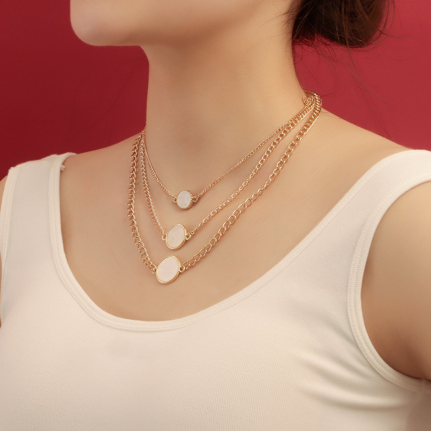 Geometric Style White Mother-of-Pearl Look Pendant Necklace for Women with Zinc Alloy Base and Electroplated Finish
