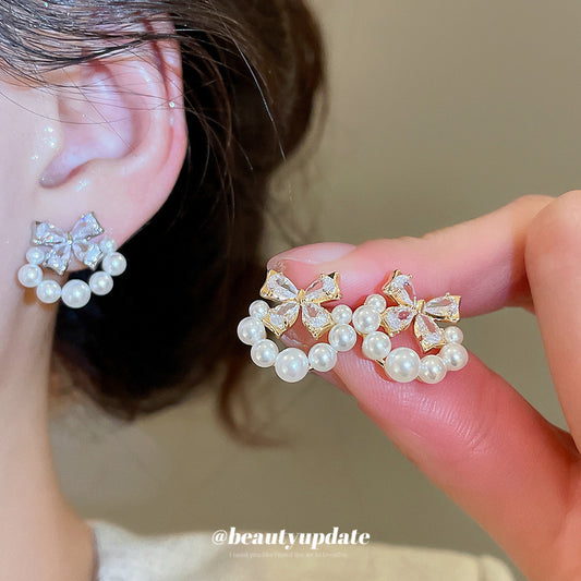 Elegant Bow-Shaped Simulated Pearl Stud Earrings with Zircon Inlay for Women, Luxury Minimalist Everyday Fashion Jewelry