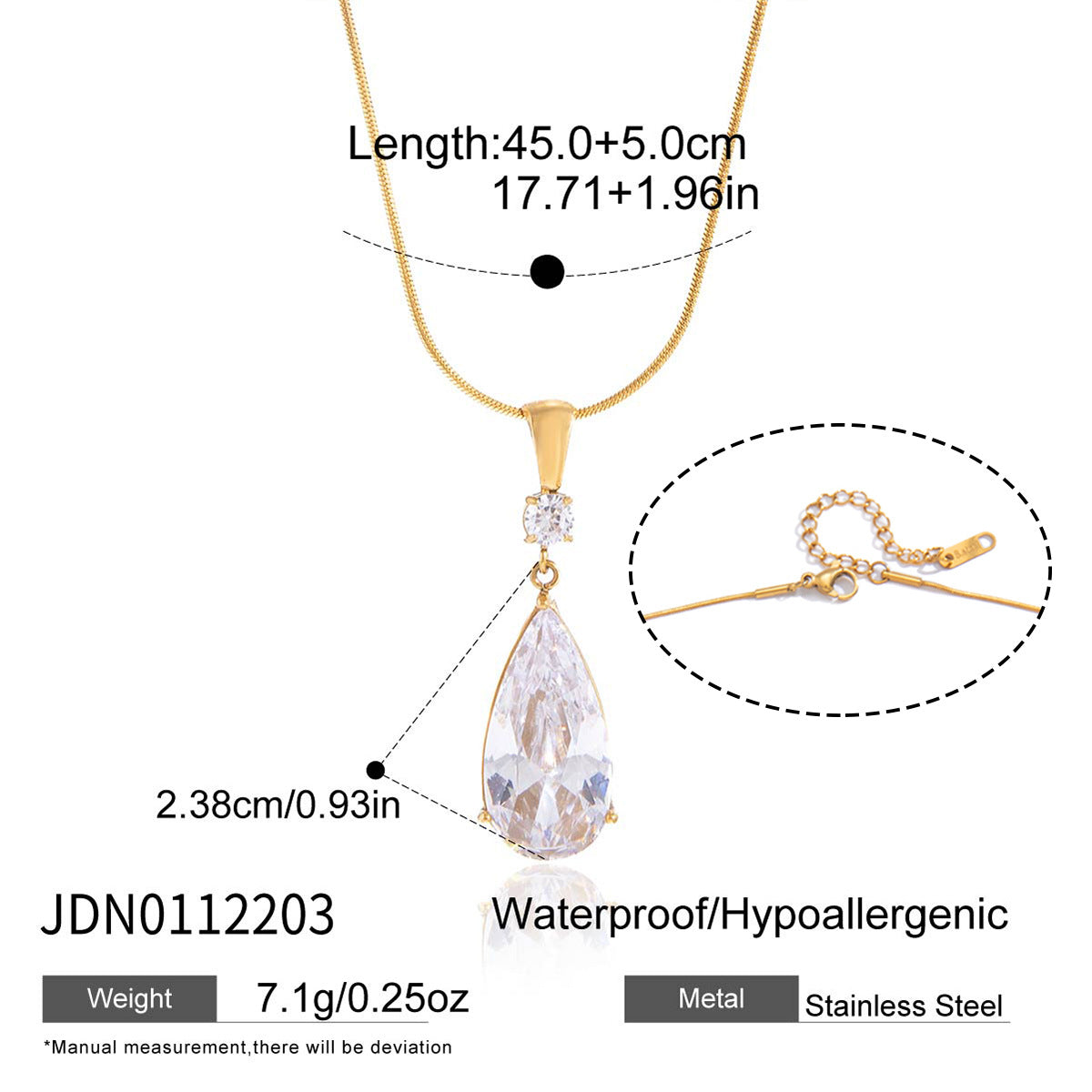 Elegante collar de acero inoxidable con colgante geométrico de circonita cúbica en forma de lágrima, chapado en oro PVD, para mujer