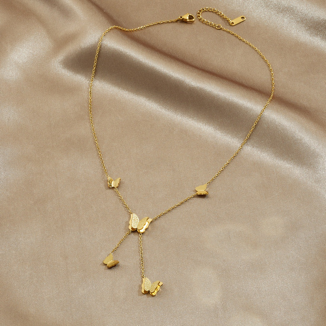 Minimalist Gold Plated Stainless Steel Butterfly Pendant Necklace with Tassel for Women