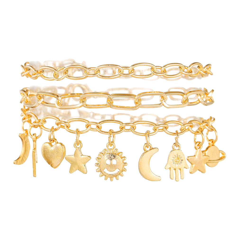 Minimalist Gold Plated Alloy Heart Star Moon Geometric Cuban Link Chain Anklet for Women
