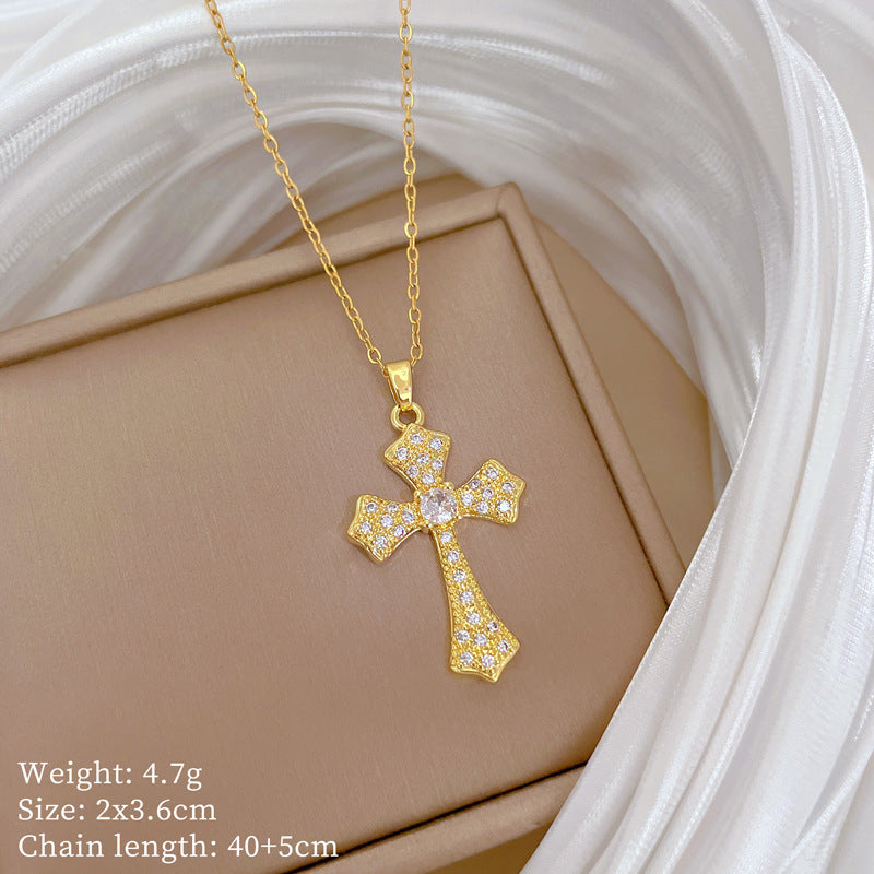 Luxury Stainless Steel Cross Pendant Necklace with Rhinestone Inlay for Women, Geometric Shape, Minimalist Style, Adjustable Length Locket Chain