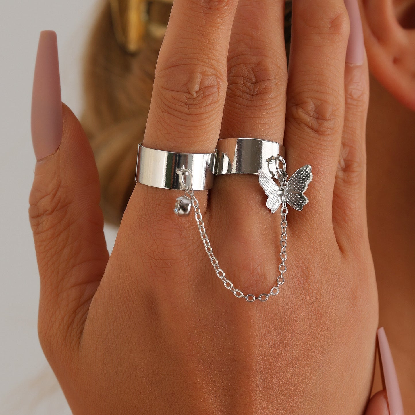 Punk Style Adjustable Butterfly-Shaped Geometric Metal Ring Set for Women with Plated Finish
