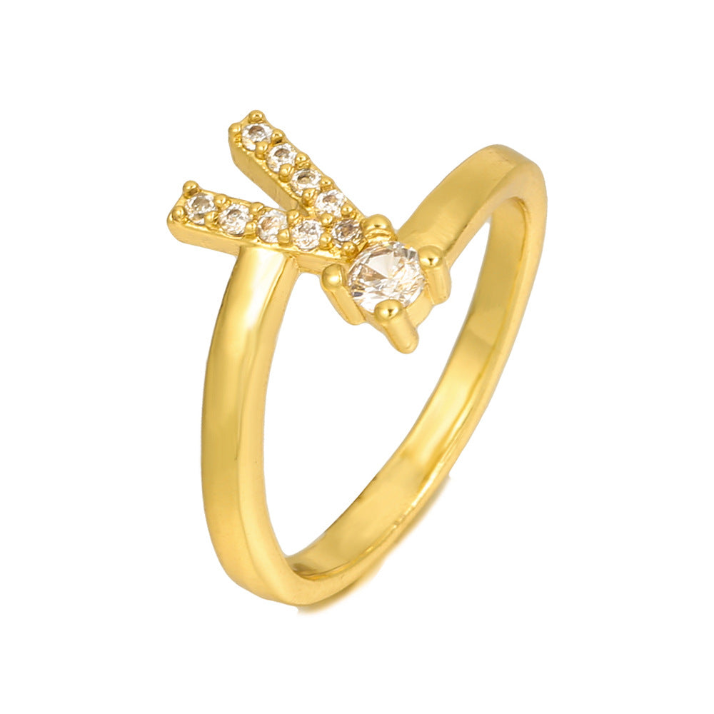 Adjustable Letter Ring Brass Plated with Cubic Zirconia for Women and Men