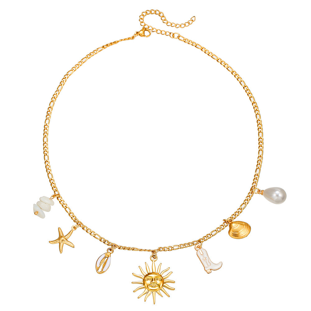 Stainless Steel Star Heart Turtle Shell Pearl Pendant Necklace Cable Chain